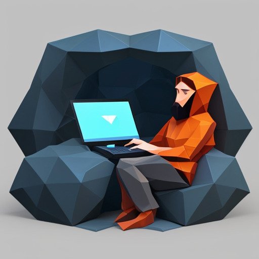 A low poly AI art of an hermit in a cave