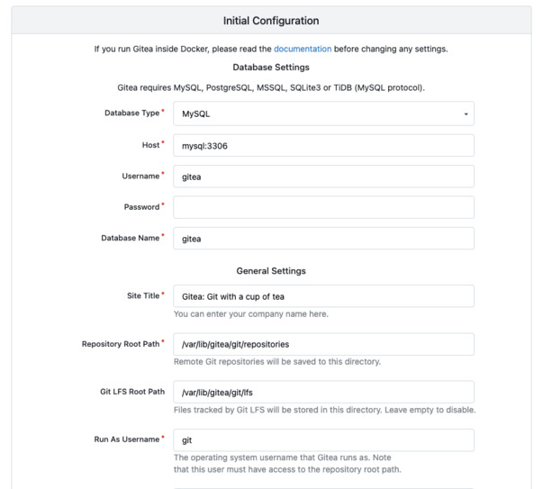 The gitea installation wizard