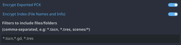 Encryption options in Godot Project Export showing Filters to include
