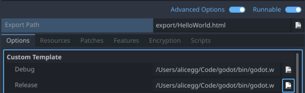 Advanced options in Godot Project Export showing Custom Templates being set
