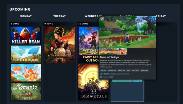 Steam's new personal calendar upcoming section